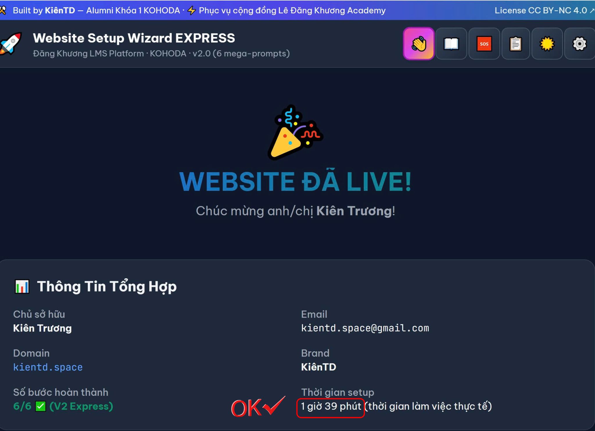 Website Đã Live — Setup xong 6/6 bước trong 1 giờ 39 phút bằng WIZARD EXPRESS